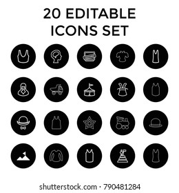 Top icons. set of 20 editable outline top icons such as mountain, sport bra, singlet, magic hat, circus, censored woman, censored. best quality top elements in trendy style.