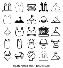 Top icons. set of 25 editable outline top icons such as mountain, toy car, hat, bikini, sport bra, singlet, blouse, magic hat, circus, cargo arrow up, censored, human brain