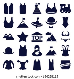 Top icons set. set of 25 top filled icons such as whirligig, train toy, hat, bikini, star, sport bra, singlet, blouse, swimsuit, sleeveless shirt, censored woman, censored