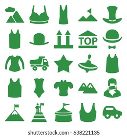 Top icons set. set of 25 top filled icons such as whirligig, toy car, hat, star, sport bra, singlet, blouse, swimsuit, cargo arrow up, censored woman, hat and moustache