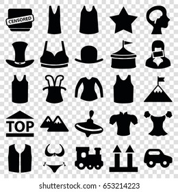 Top icons set. set of 25 top filled icons such as whirligig, toy car, train toy, hat, bikini, star, sport bra, singlet, blouse, sleeveless shirt, cargo arrow up