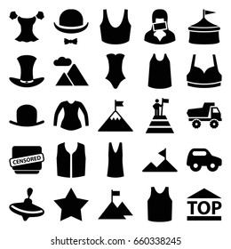 Top icons set. set of 25 top filled icons such as whirligig, toy car, hat, star, sport bra, singlet, blouse, swimsuit, sleeveless shirt, censored woman, censored