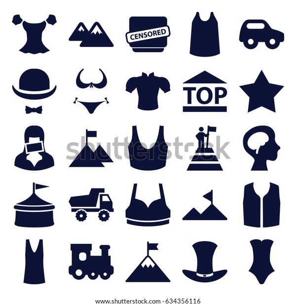 Top icons set. set of 25\
top filled icons such as toy car, train toy, bikini, star, sport\
bra, singlet, blouse, swimsuit, sleeveless shirt, censored woman,\
censored