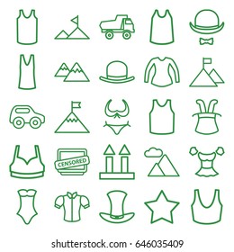 Top icons set. set of 25 top outline icons such as toy car, hat, bikini, star, sport bra, singlet, blouse, swimsuit, cargo arrow up, censored, hat and moustache, mountain