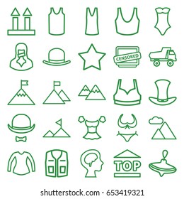 Top icons set. set of 25 top outline icons such as whirligig, toy car, hat, bikini, star, sport bra, singlet, blouse, swimsuit, sleeveless shirt, cargo arrow up