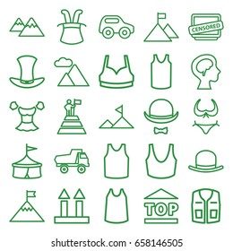 Top icons set. set of 25 top outline icons such as toy car, hat, bikini, sport bra, singlet, blouse, sleeveless shirt, cargo arrow up, censored, human brain, hat and moustache