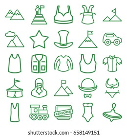 Top icons set. set of 25 top outline icons such as whirligig, toy car, train toy, bikini, star, sport bra, singlet, blouse, swimsuit, sleeveless shirt, censored woman