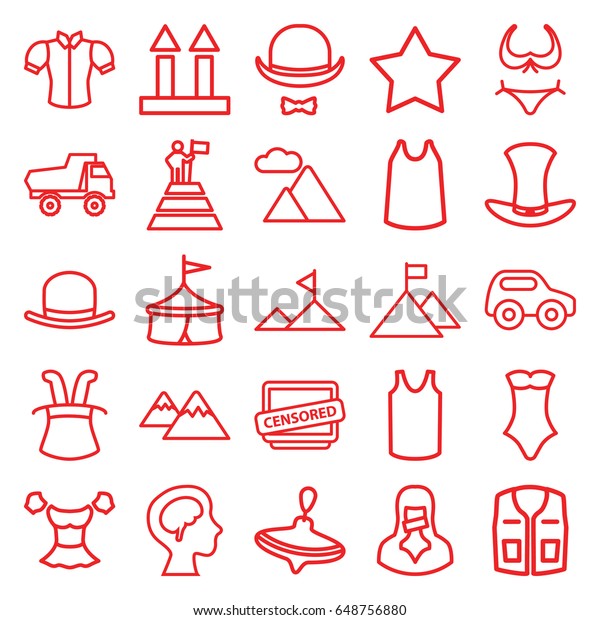 Top icons set. set of 25\
top outline icons such as whirligig, toy car, hat, bikini, star,\
singlet, blouse, swimsuit, sleeveless shirt, cargo arrow up,\
censored woman 
