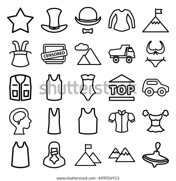 Top icons set. set of\
25 top outline icons such as whirligig, toy car, bikini, star,\
singlet, blouse, swimsuit, sleeveless shirt, top of cargo box,\
censored woman, censored
