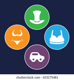 Top icons set. set of 4 top filled icons such as toy car, bikini, sport bra