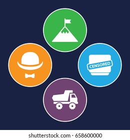 Top icons set. set of 4 top filled icons such as toy car, censored, hat and moustache