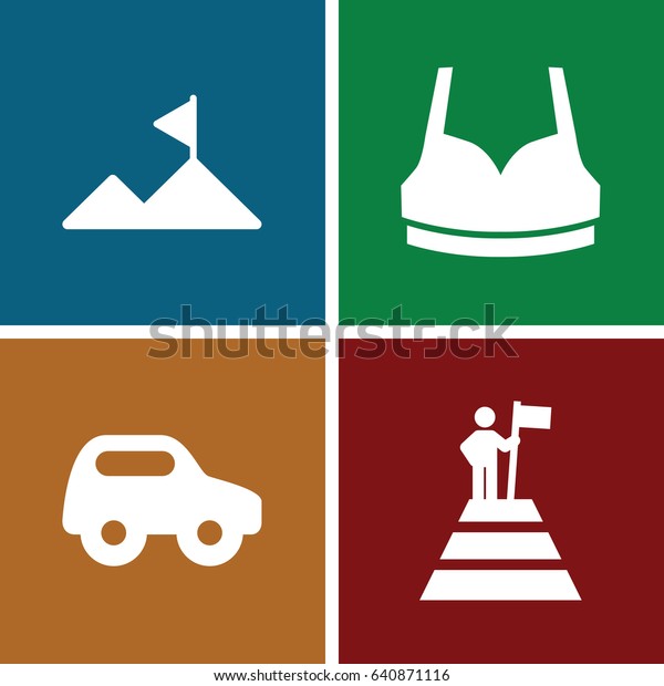 Top icons set. set of 4 top filled icons such as\
toy car, sport bra,\
mountain