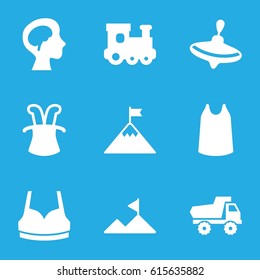 Top icons set. set of 9 top filled icons such as whirligig, train toy, toy car, sport bra, singlet, human brain, mountain, flag on mountain