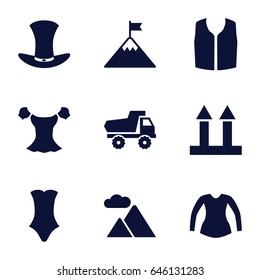 Top icons set. set of 9 top filled icons such as toy car, blouse, swimsuit, sleeveless shirt, cargo arrow up, hat, mountain