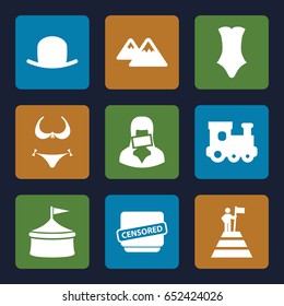 Top icons set. set of 9 top filled icons such as train toy, hat, bikini, swimsuit, censored woman, censored, mountain, man at the top of the mountain with flag
