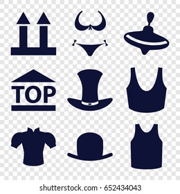 Top icons set. set of 9 top filled icons such as whirligig, hat, bikini, sport bra, singlet, blouse, cargo arrow up