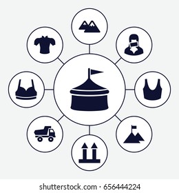 Top icons set. set of 9 top filled icons such as toy car, sport bra, blouse, cargo arrow up, censored woman, mountain, flag on mountain