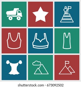 Top icons set. set of 9 top filled and outline icons such as toy car, star, blouse, sport bra, singlet, mountain, man at the top of the mountain with flag