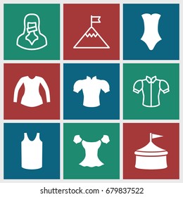Top icons set. set of 9 top filled and outline icons such as singlet, blouse, swimsuit, censored woman, circus