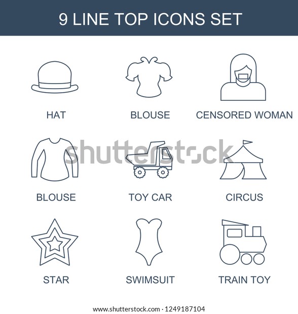 top\
icons. Set of 9 line top icons included hat, blouse, censored\
woman, toy car, circus, Star, swimsuit on white background.\
Editable top icons for web, mobile and\
infographics.