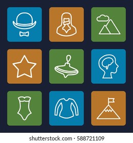 top icons set. Set of 9 top outline icons such as whirligig, Star, blouse, swimsuit, censored woman, human brain, hat and moustache, mountain