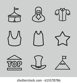 Top icons set. set of 9 top outline icons such as Star, sport bra, singlet, blouse, top of cargo box, censored woman, hat, flag on mountain