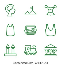 Top icons set. set of 9 top outline icons such as train toy, sport bra, singlet, blouse, cargo arrow up, top of cargo box, censored, human brain