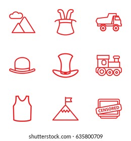 Top icons set. set of 9 top outline icons such as train toy, toy car, hat, singlet, censored, mountain, flag on mountain