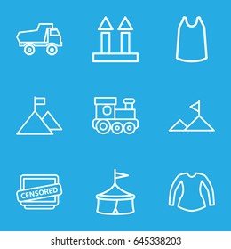 Top icons set. set of 9 top outline icons such as train toy, toy car, singlet, blouse, cargo arrow up, censored, mountain, flag on mountain