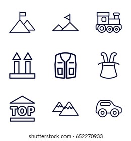 Top icons set. set of 9 top outline icons such as toy car, train toy, sleeveless shirt, cargo arrow up, top of cargo box, mountain, flag on mountain