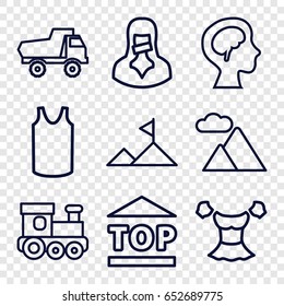Top icons set. set of 9 top outline icons such as train toy, toy car, singlet, blouse, top of cargo box, censored woman, human brain