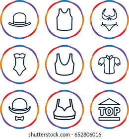 Top icons set. set of 9 top outline icons such as hat, bikini, sport bra, singlet, blouse, swimsuit, top of cargo box