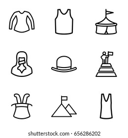 Top icons set. set of 9 top outline icons such as hat, singlet, blouse, censored woman, man at the top of the mountain with flag, flag on mountain, magic hat