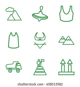 Top icons set. set of 9 top outline icons such as whirligig, toy car, bikini, sport bra, singlet, cargo arrow up, mountain