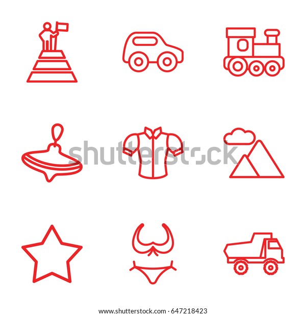 Top icons set.\
set of 9 top outline icons such as whirligig, toy car, train toy,\
bikini, star, blouse,\
mountain
