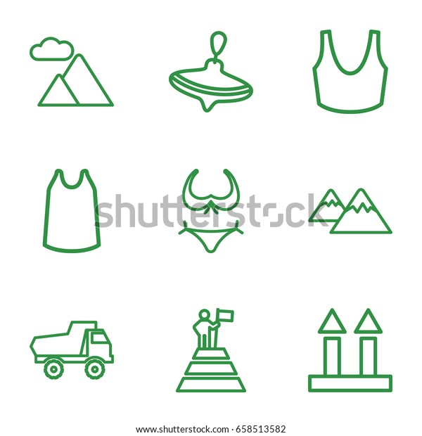 Top\
icons set. set of 9 top outline icons such as whirligig, toy car,\
bikini, sport bra, singlet, cargo arrow up,\
mountain