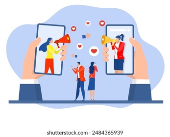 Top Key Opinion Leader, woman use Social media influencer. Blogger man with megaphone and Tiny people followers.Girl with Currency Sign from Video Blogging Activity.Modern flat cartoon style. vector