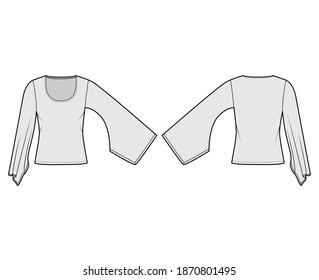 Top with Kimono long sleeves technical fashion illustration with relax fit, under waist length, round neckline. Flat apparel blouse template front, back grey color. Women men unisex shirt CAD mockup