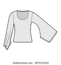 Arriba con Kimono mangas largas ilustración técnica de moda con ajuste de relajación, bajo longitud de cintura, cordón redondo. Delantero de la plantilla de la blusa de ropa plana, color gris. Mujeres hombres unisex camisa CAD mofa