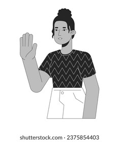 Top knot black girl saying hi black and white 2D line cartoon character. African american woman positive greeting isolated vector outline person. Stop hand monochromatic flat spot illustration