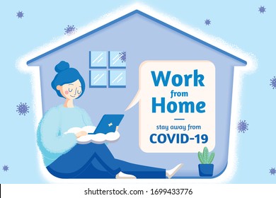 Top knot bun girl working from home to stay away from COVID-19, blue tone illustration