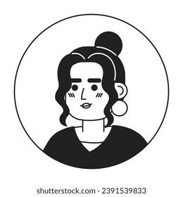 Top knot bun latina pretty smiling black and white 2D vector avatar illustration. Headshot hispanic woman big earring outline cartoon character face isolated. Relaxed pose flat user profile image