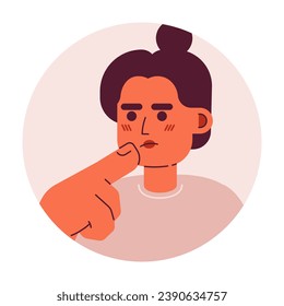 Top knot bun latina woman stroking chin 2D vector avatar illustration. Hispanic girl thinking hard cartoon character face. Choice making. Hand gesture flat color user profile image isolated on white