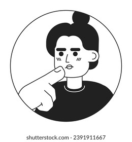 Top knot bun latina woman stroking chin black and white 2D vector avatar illustration. Hispanic girl thinking hard outline cartoon character face isolated. Choice making. Hand gesture flat portrait