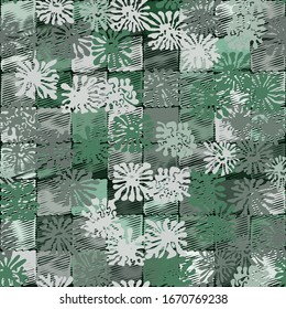 The top layer consists of square blots. Checkered pattern consisting of square zigzags made with a careless brush. Colors of green jungle. Camouflage.