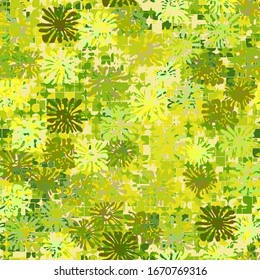 The top layer consists of square blots. Seamless pattern consisting of squares with strokes and four-beam stars. Shades of green. Editable.