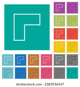 Top left 90 degrees angle arrow outline multi colored flat icons on plain square backgrounds. Included white and darker icon variations for hover or active effects.