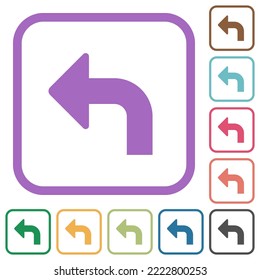 Top left side turn arrow solid simple icons in color rounded square frames on white background