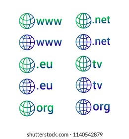 top level internet domain icons com, eu, tv, net, and org symbols with globe