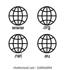 top level internet domain icons www, eu, net, and org symbols with globe